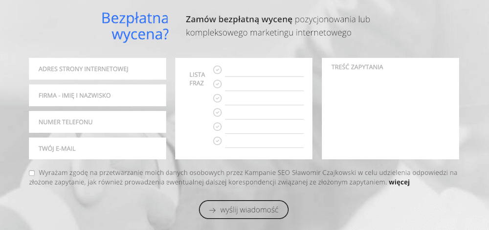 Kampanie SEO formularz